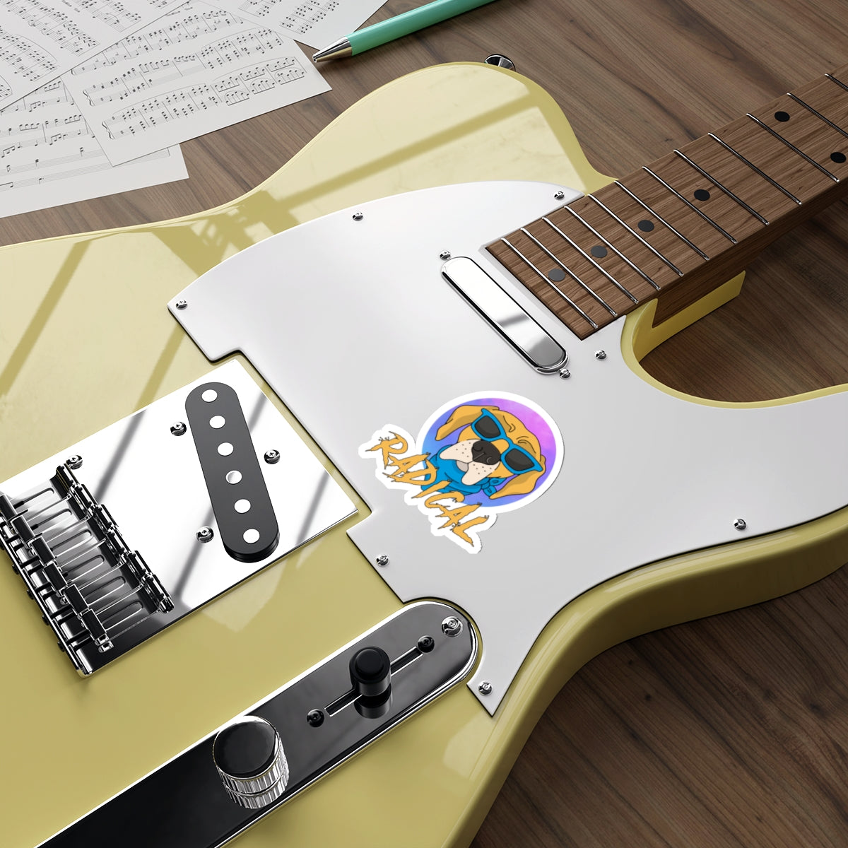 Radical dog sticker, cool dog decal, sunglasses dog design, funny pet sticker, trendy dog illustration, pet lover accessory, vibrant dog art