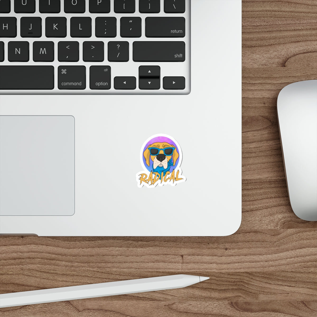 Radical dog sticker, cool dog decal, sunglasses dog design, funny pet sticker, trendy dog illustration, pet lover accessory, vibrant dog art