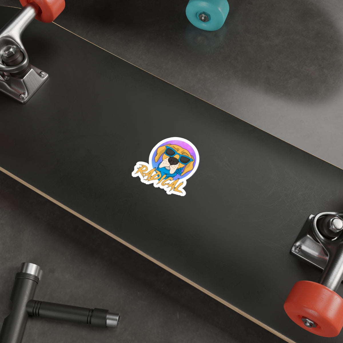 Radical dog sticker, cool dog decal, sunglasses dog design, funny pet sticker, trendy dog illustration, pet lover accessory, vibrant dog art