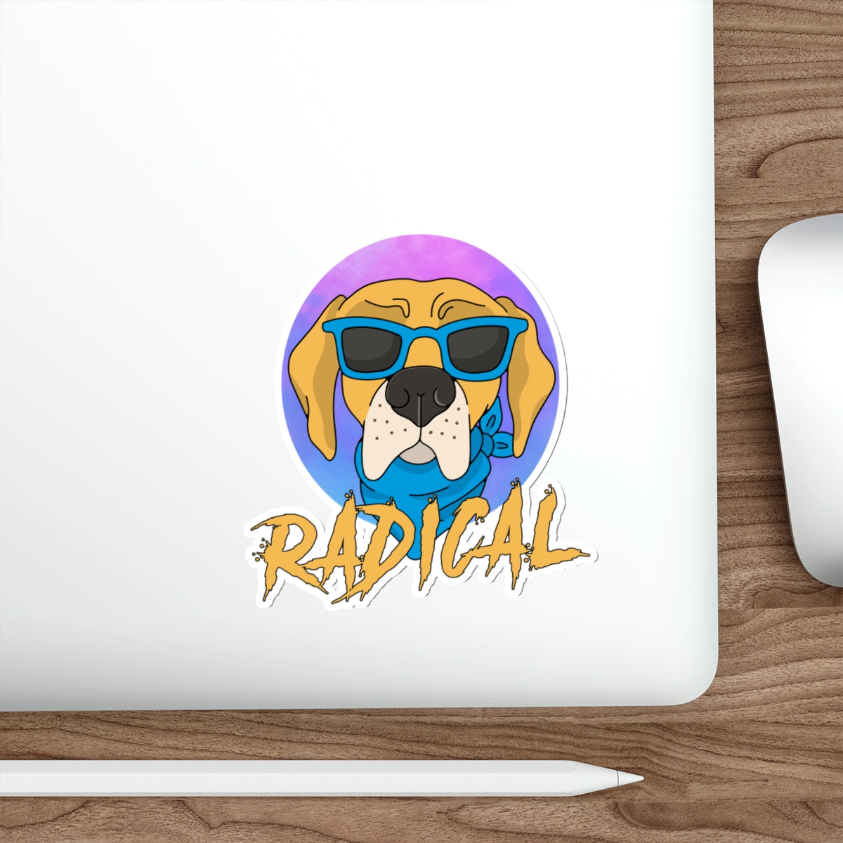 Radical dog sticker, cool dog decal, sunglasses dog design, funny pet sticker, trendy dog illustration, pet lover accessory, vibrant dog art