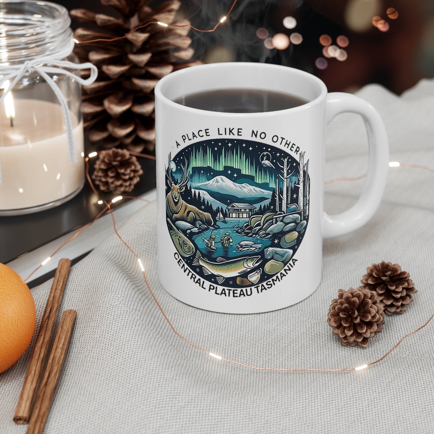 Explore the Wonders of Central Plateau, Tasmania  - White Ceramic Mug, 11oz - Right Hand