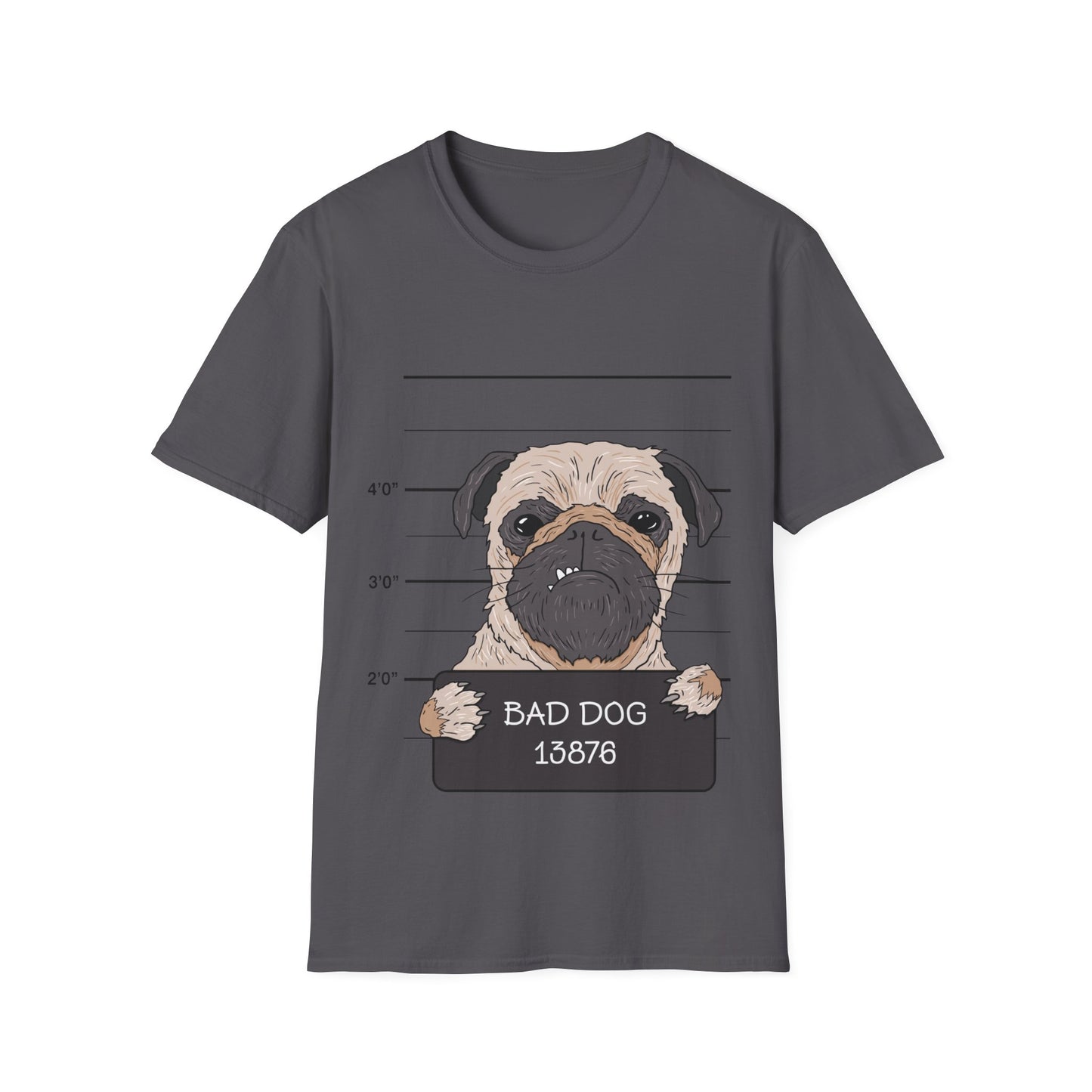 Pug mugshot t-shirt, funny dog shirt, bad dog design, novelty pet lover tee, humorous pug shirt, cute dog graphic tee, police lineup shirt