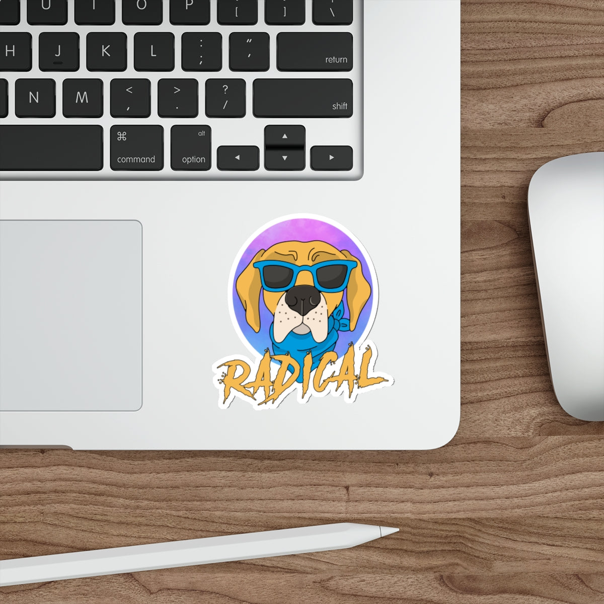 Radical dog sticker, cool dog decal, sunglasses dog design, funny pet sticker, trendy dog illustration, pet lover accessory, vibrant dog art