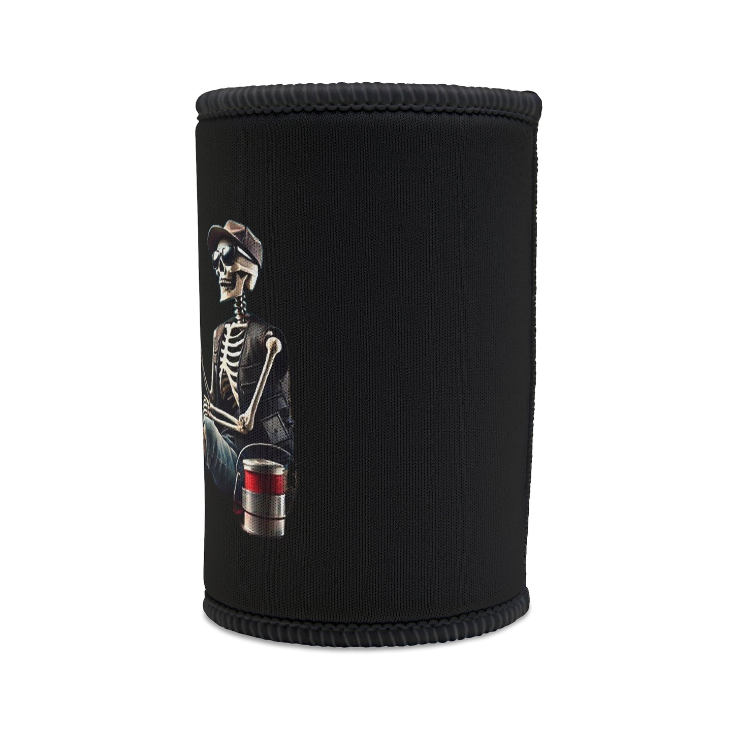 Stubby Skeleton fishing  beach scene, black can cooler, humorous design, trendy accessory, fishing skeleton, insulated cooler, unique design