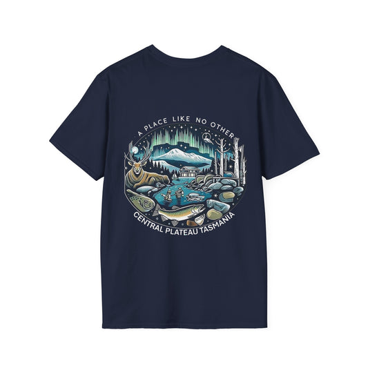 Explore the Wonders of Central Plateau, Tasmania  - Unisex Softstyle T-Shirt - Printed on back