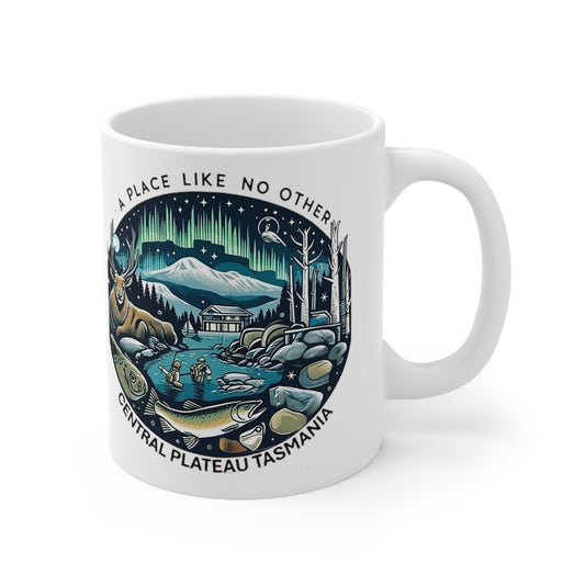 Explore the Wonders of Central Plateau, Tasmania  - White Ceramic Mug, 11oz - Right Hand