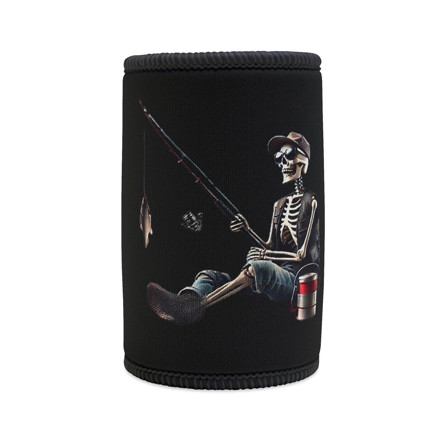 Stubby Skeleton fishing  beach scene, black can cooler, humorous design, trendy accessory, fishing skeleton, insulated cooler, unique design