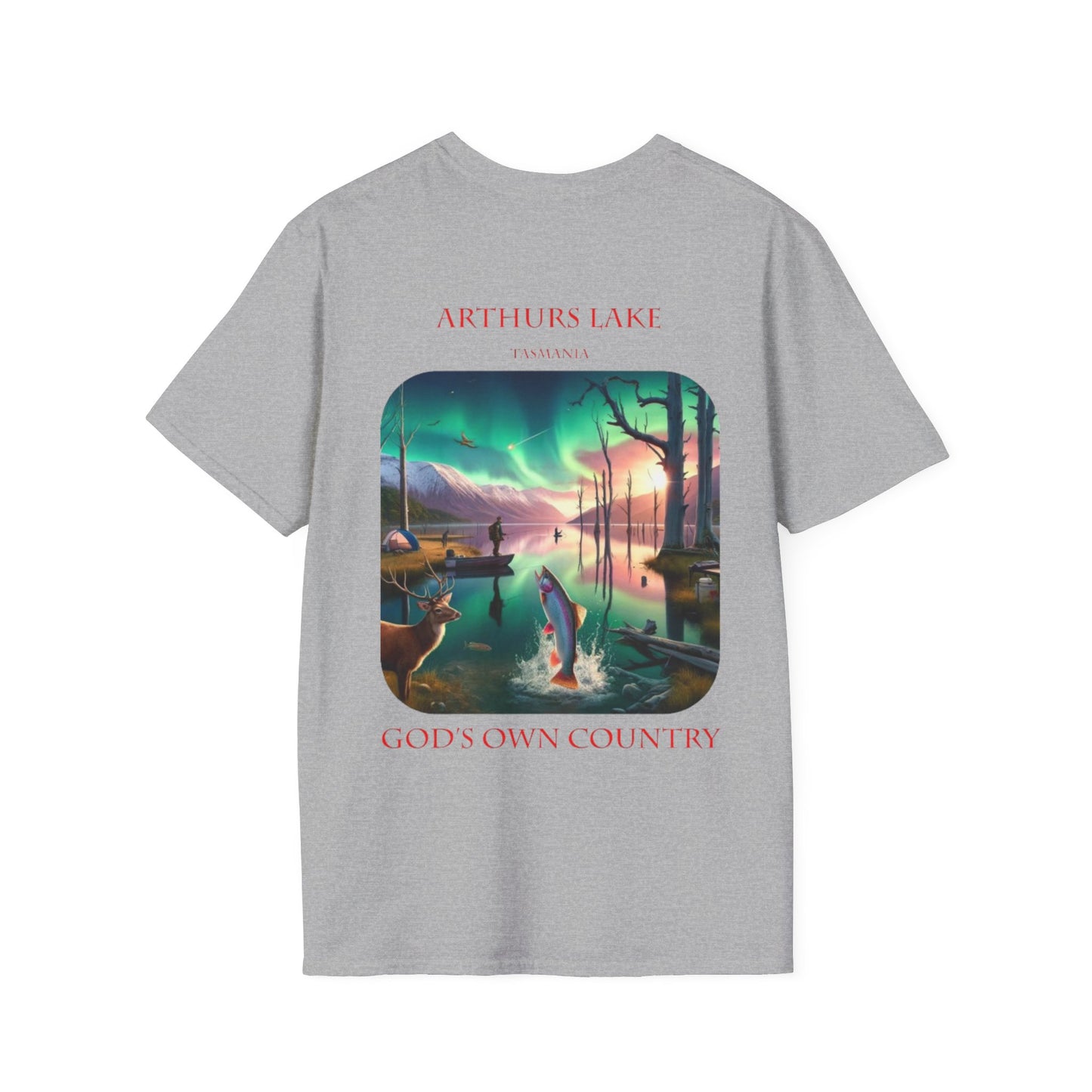 Explore the Wonders of the Central Plateau - Arthurs Lake - Unisex Softstyle T-Shirt - Printed on Back