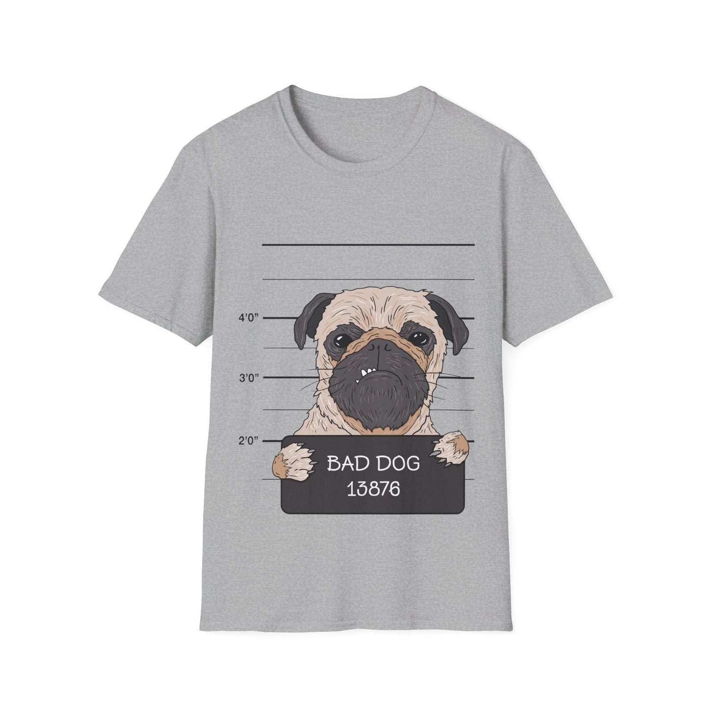 Pug mugshot t-shirt, funny dog shirt, bad dog design, novelty pet lover tee, humorous pug shirt, cute dog graphic tee, police lineup shirt