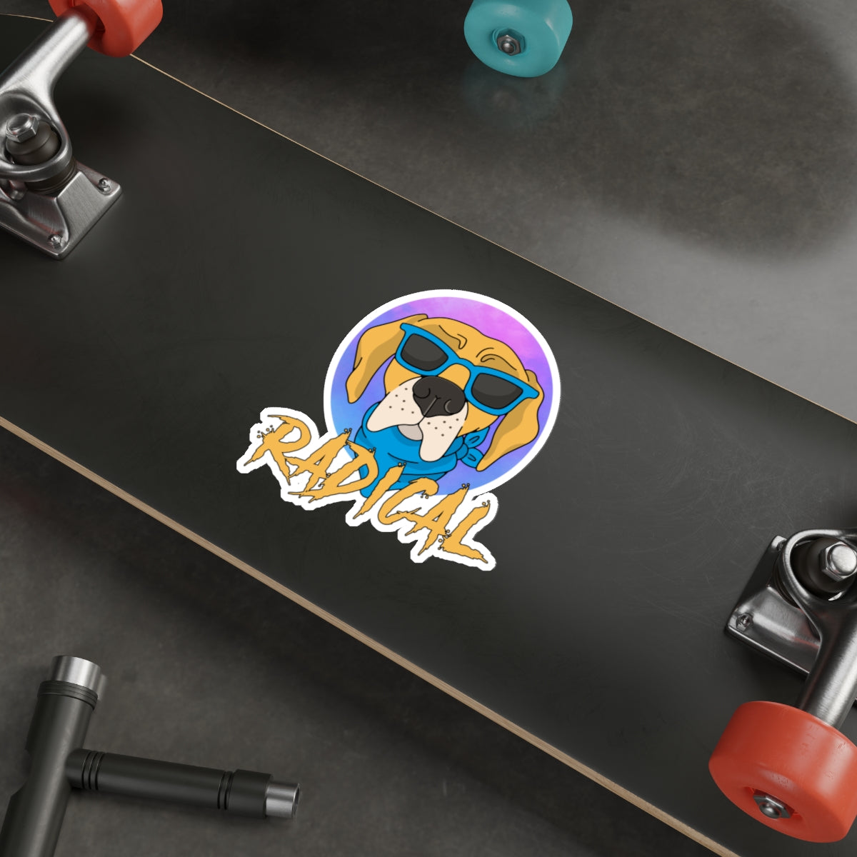 Radical dog sticker, cool dog decal, sunglasses dog design, funny pet sticker, trendy dog illustration, pet lover accessory, vibrant dog art