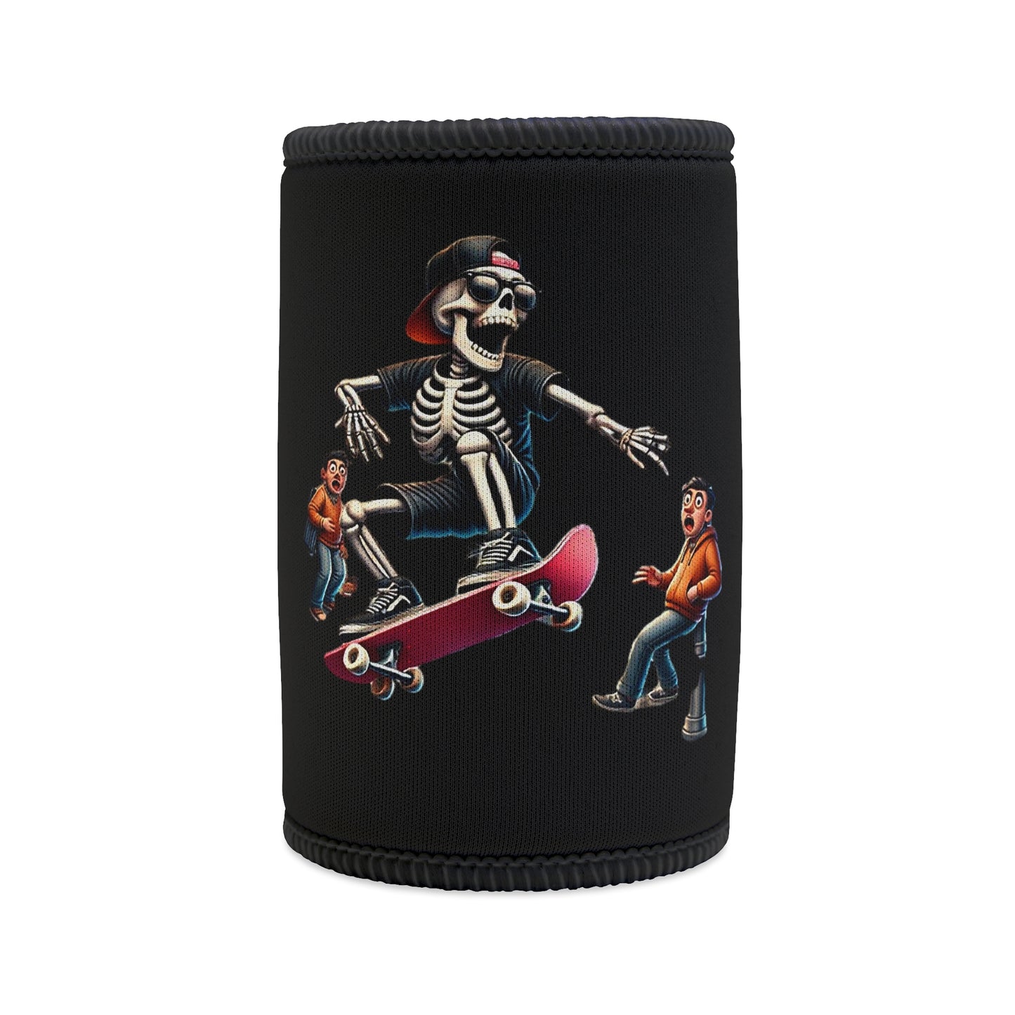 Stubby Holder Skater skeleton can cooler, insulated cooler, humorous design, trendy accessory, skateboarding skeleton, beverage holder