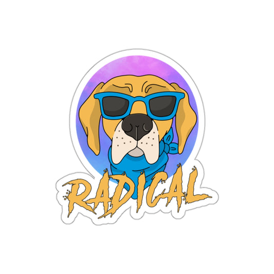 Radical dog sticker, cool dog decal, sunglasses dog design, funny pet sticker, trendy dog illustration, pet lover accessory, vibrant dog art