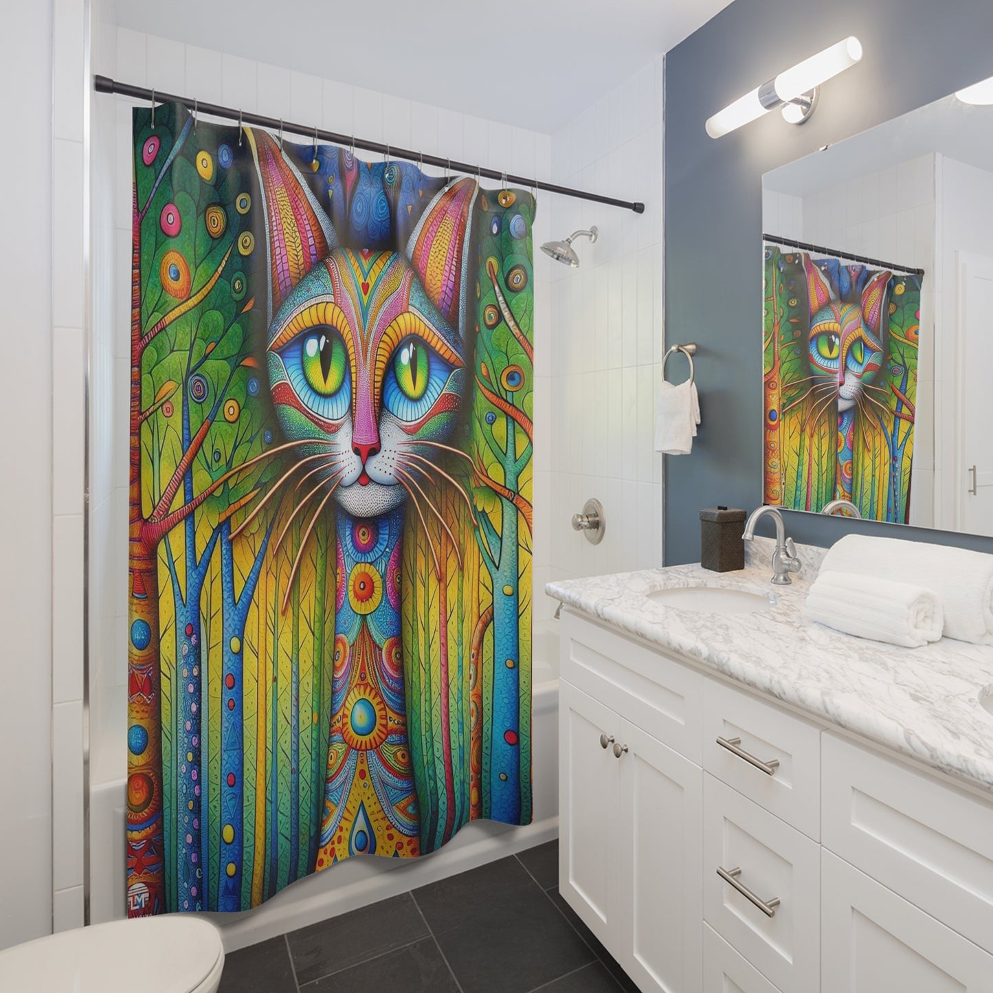 Vibrant Cat in Enchanted Forest Shower Curtain