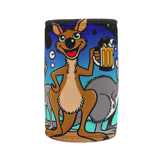 Kangaroo beer can cooler, cartoon animals, insulated cooler, humorous design, trendy accessory, fun design, beverage holder, stubby holder