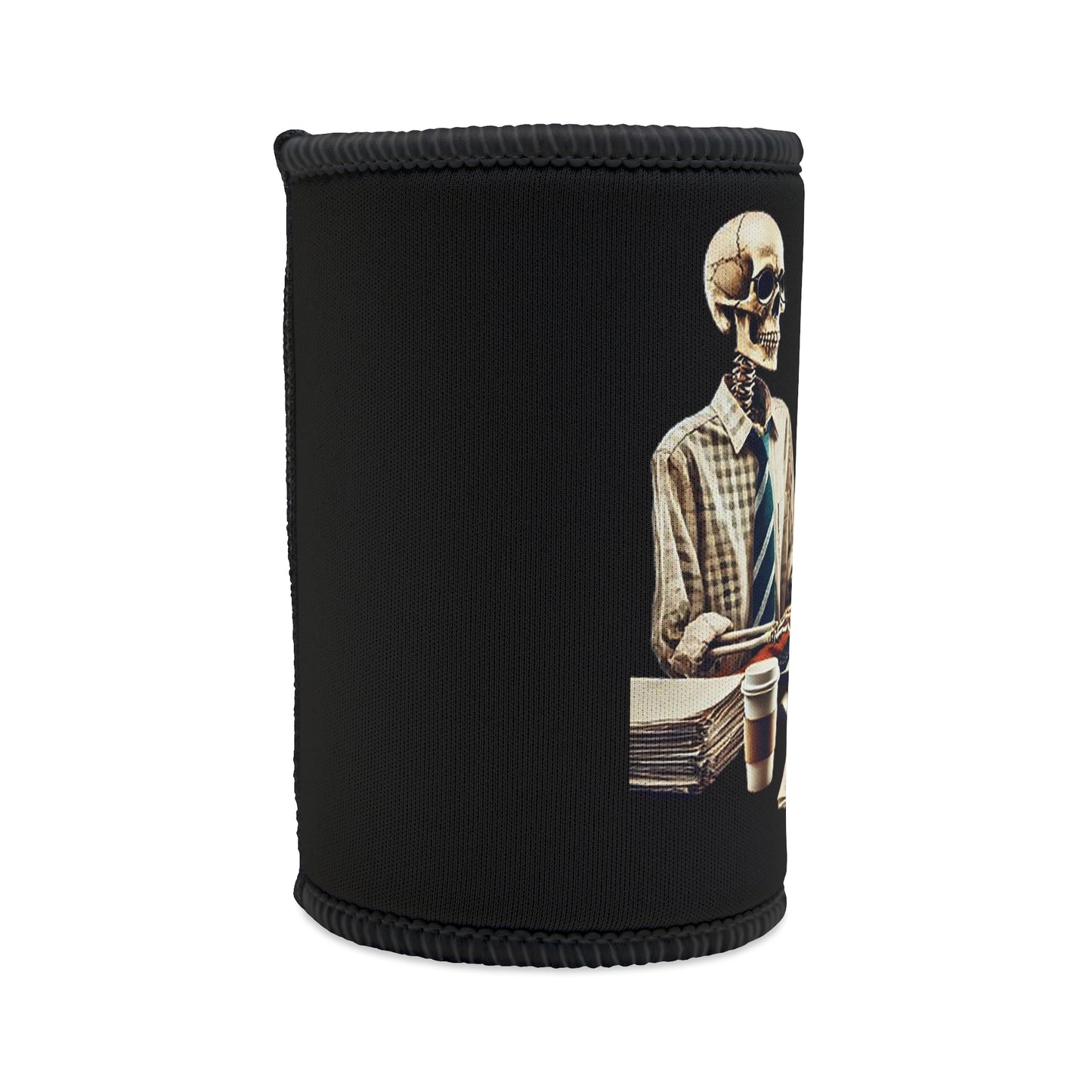 Skeleton office worker, insulated cooler, humorous design, trendy accessory, working skeleton, beverage holder, stubby holder