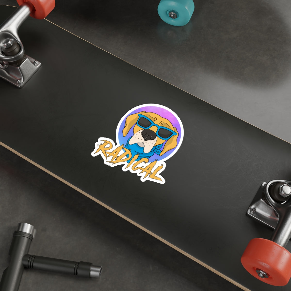 Radical dog sticker, cool dog decal, sunglasses dog design, funny pet sticker, trendy dog illustration, pet lover accessory, vibrant dog art