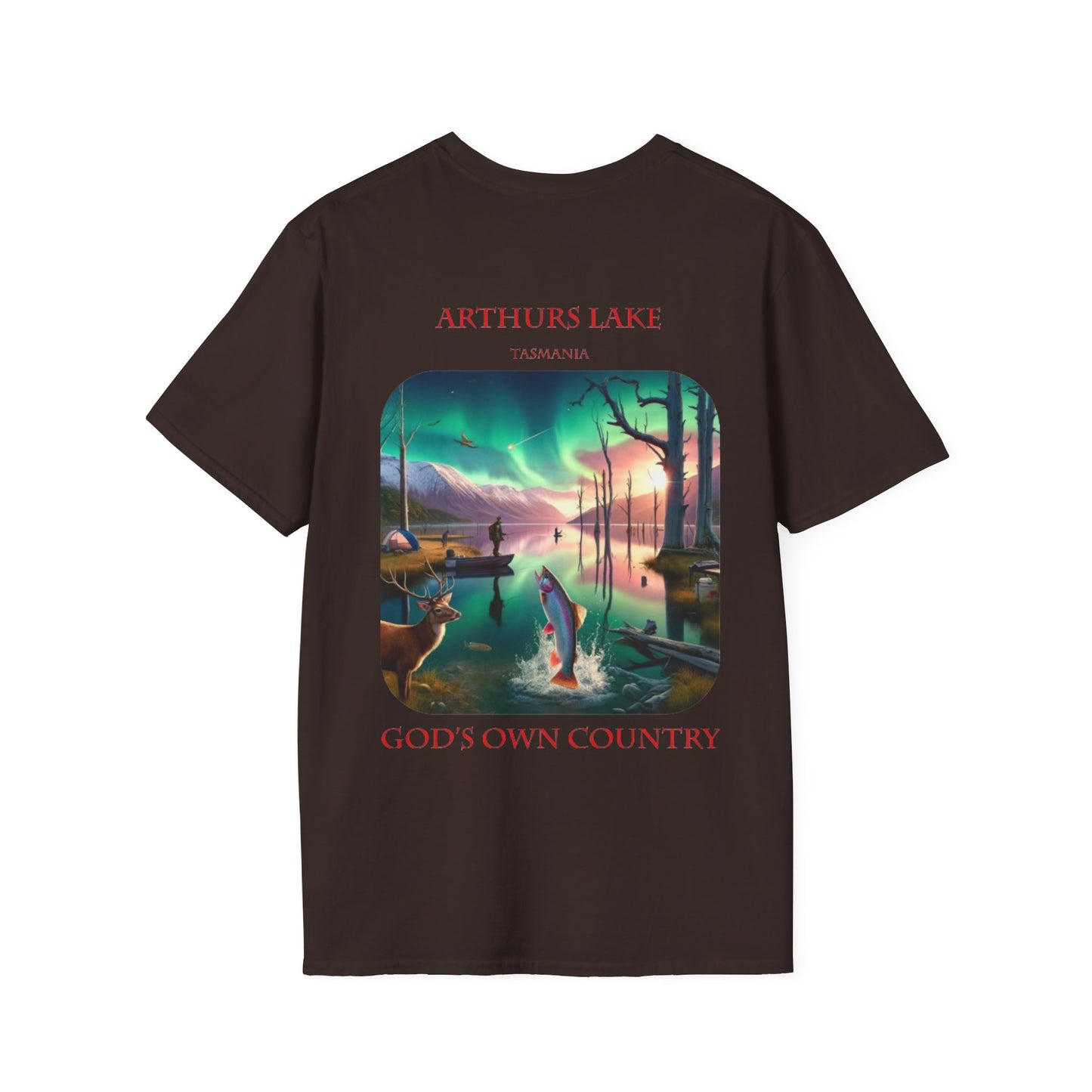 Explore the Wonders of the Central Plateau - Arthurs Lake - Unisex Softstyle T-Shirt - Printed on Back