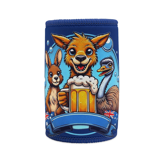 Stubby Holder Australian animals, beer koozie, cartoon design, kangaroo, platypus, wombat, funny animal koozie, drink holder