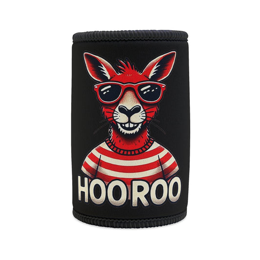 Stubby Holder Hoo Roo can cooler, kangaroo, sunglasses, insulated cooler, humorous design, trendy accessory, fun design, black can cooler