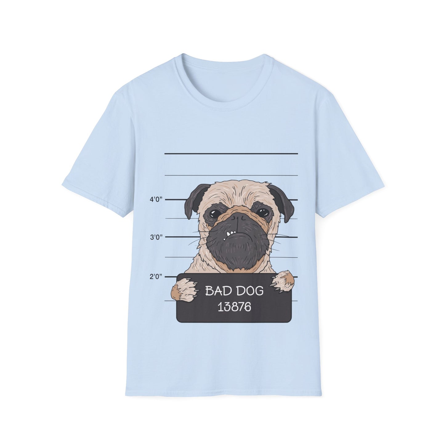 Pug mugshot t-shirt, funny dog shirt, bad dog design, novelty pet lover tee, humorous pug shirt, cute dog graphic tee, police lineup shirt