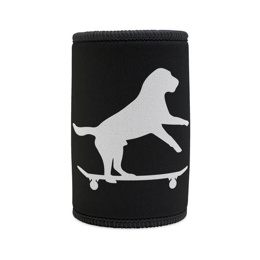 Skateboarding dog stubby holder, funny dog koozie, playful pet accessory, dog lover gift, cute dog design, novelty stubby holder