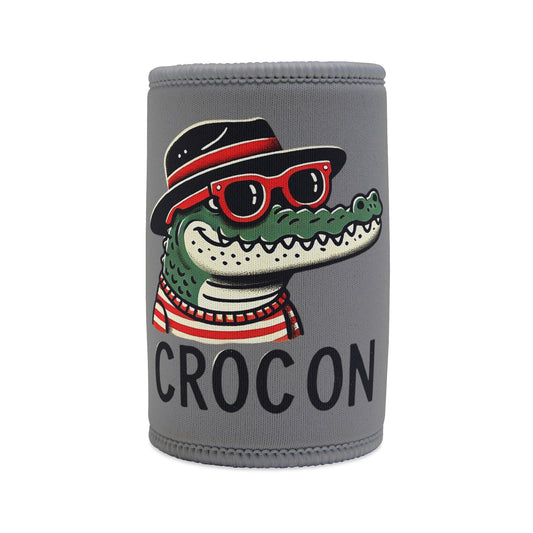 Stubby Holder Crocon can cooler, crocodile, sunglasses, insulated cooler, humorous design, trendy accessory, fun design, gray can cooler