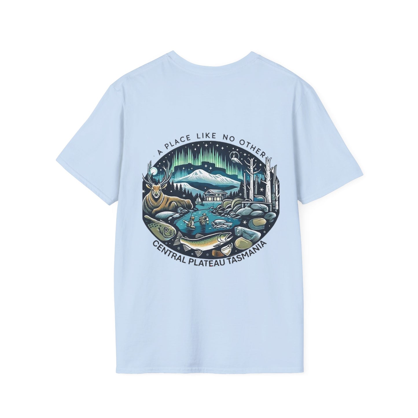 Explore the Wonders of Central Plateau, Tasmania Unisex Softstyle T-Shirt - Printed on Back