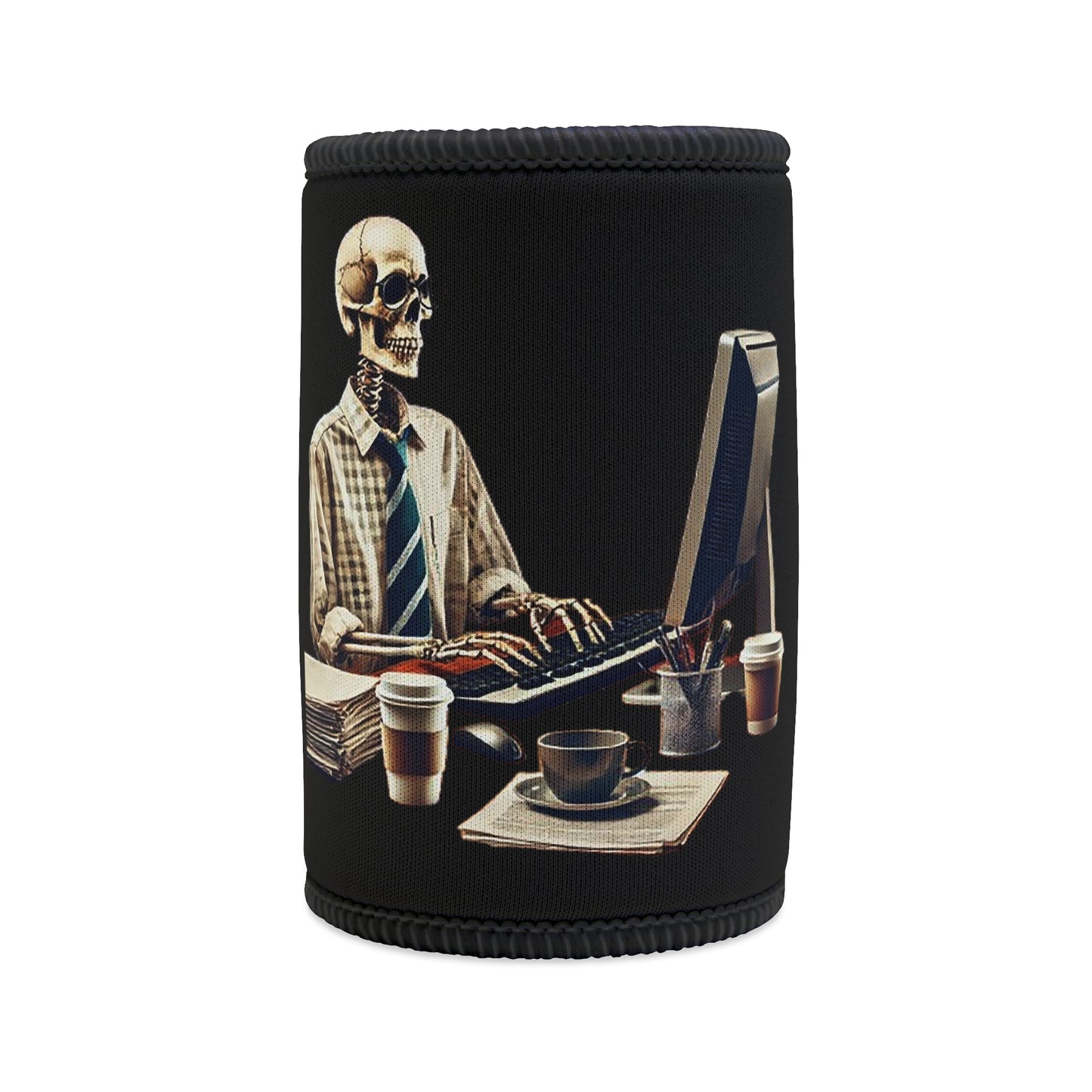 Skeleton office worker, insulated cooler, humorous design, trendy accessory, working skeleton, beverage holder, stubby holder