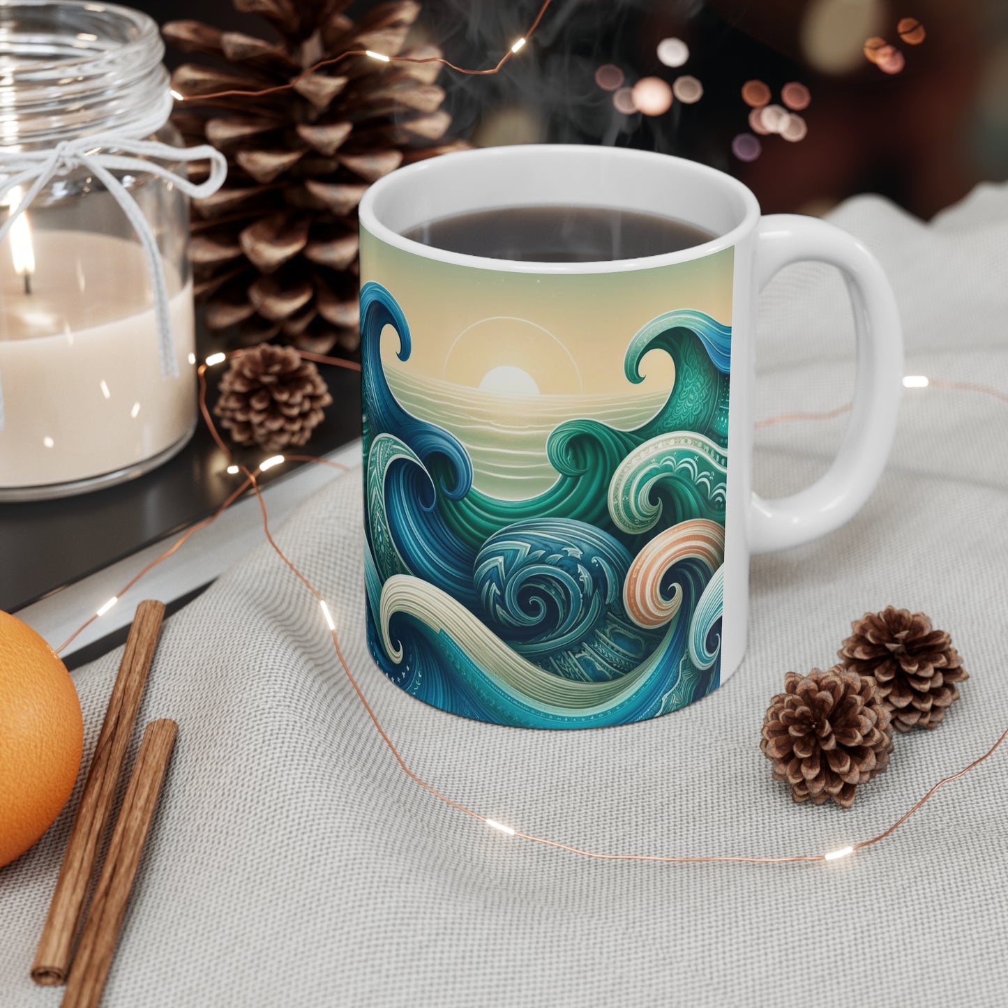 Ocean Harmony Mug - White Ceramic Mug, 11oz