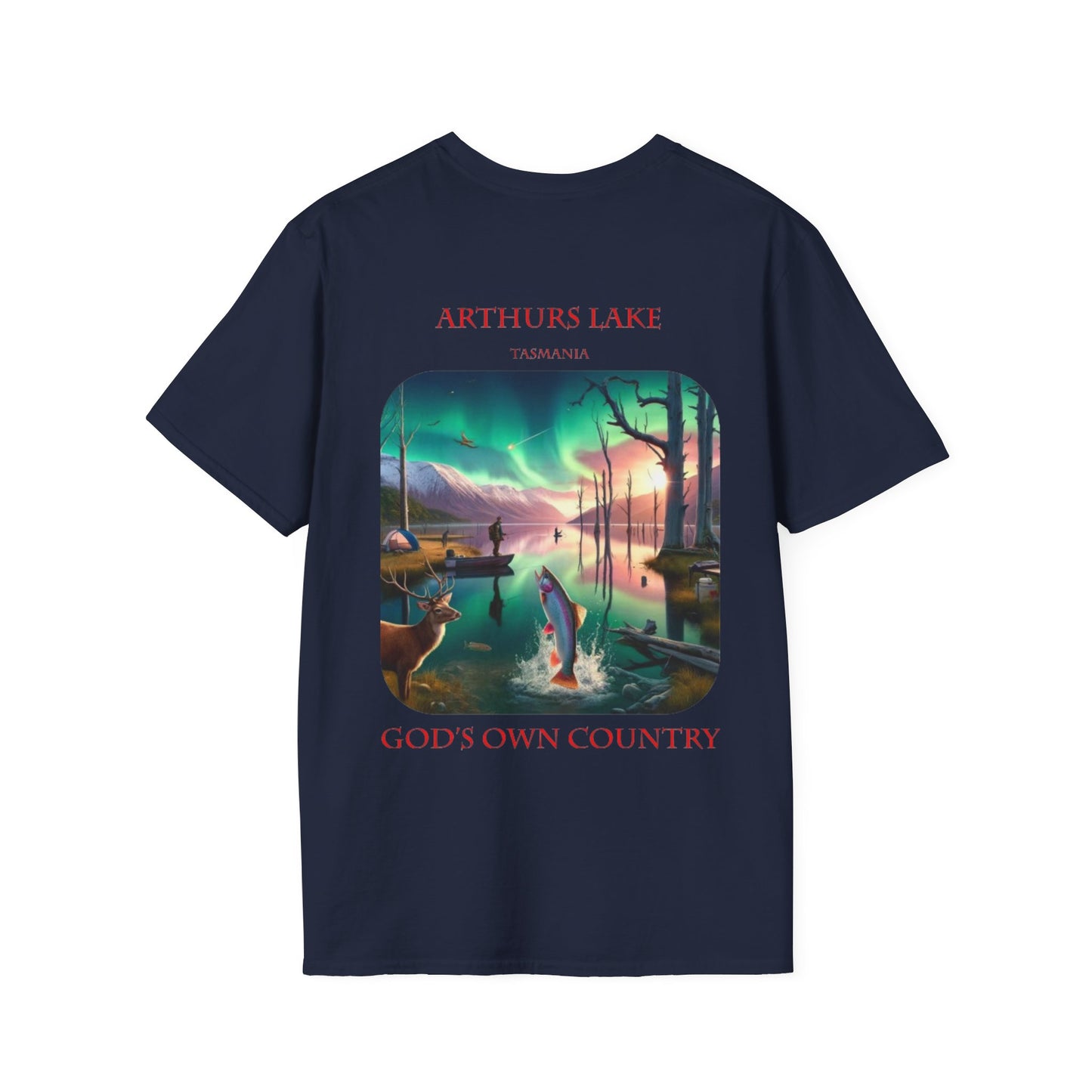 Explore the Wonders of the Central Plateau - Arthurs Lake - Unisex Softstyle T-Shirt - Printed on Back