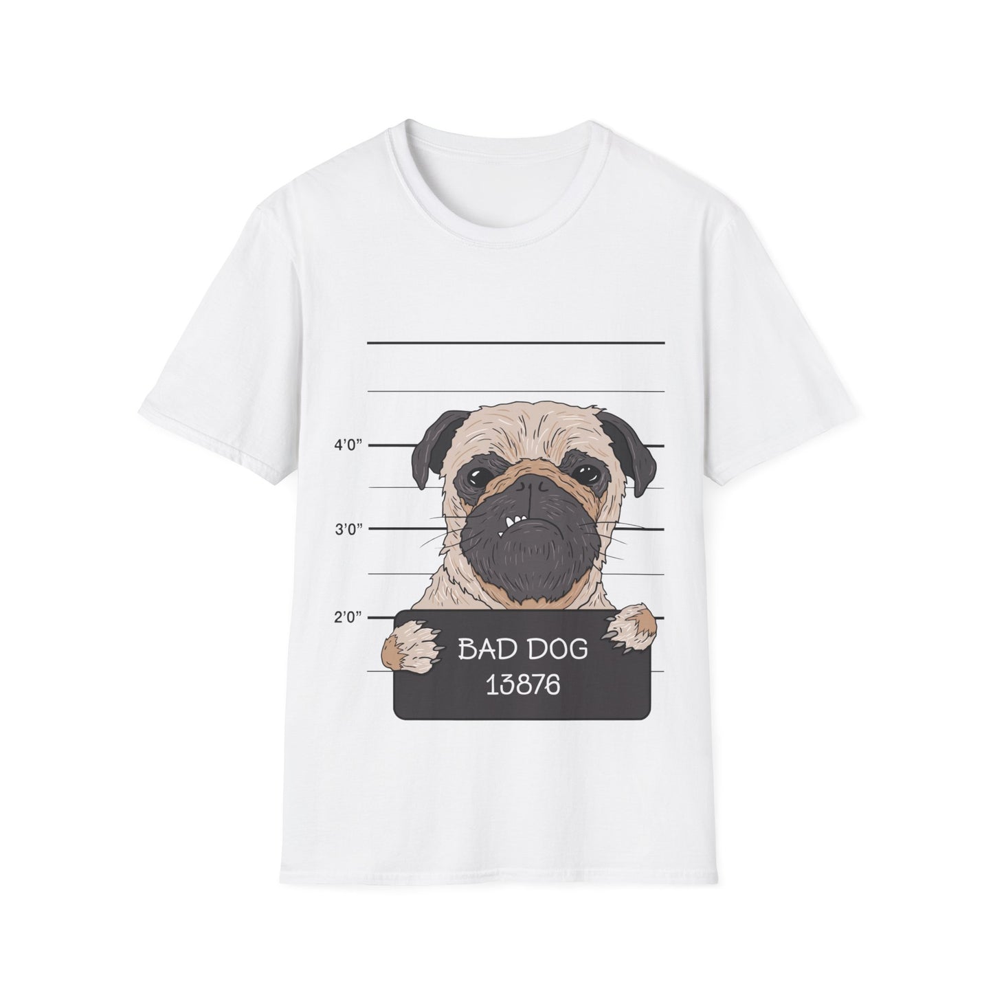 Pug mugshot t-shirt, funny dog shirt, bad dog design, novelty pet lover tee, humorous pug shirt, cute dog graphic tee, police lineup shirt