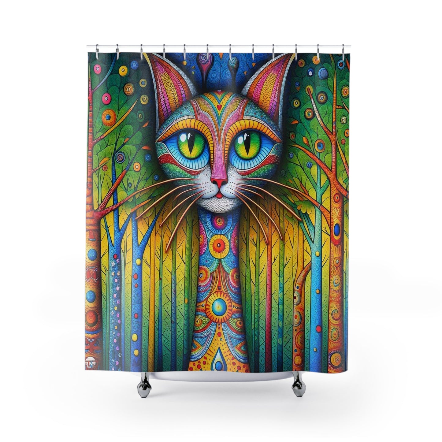 Vibrant Cat in Enchanted Forest Shower Curtain