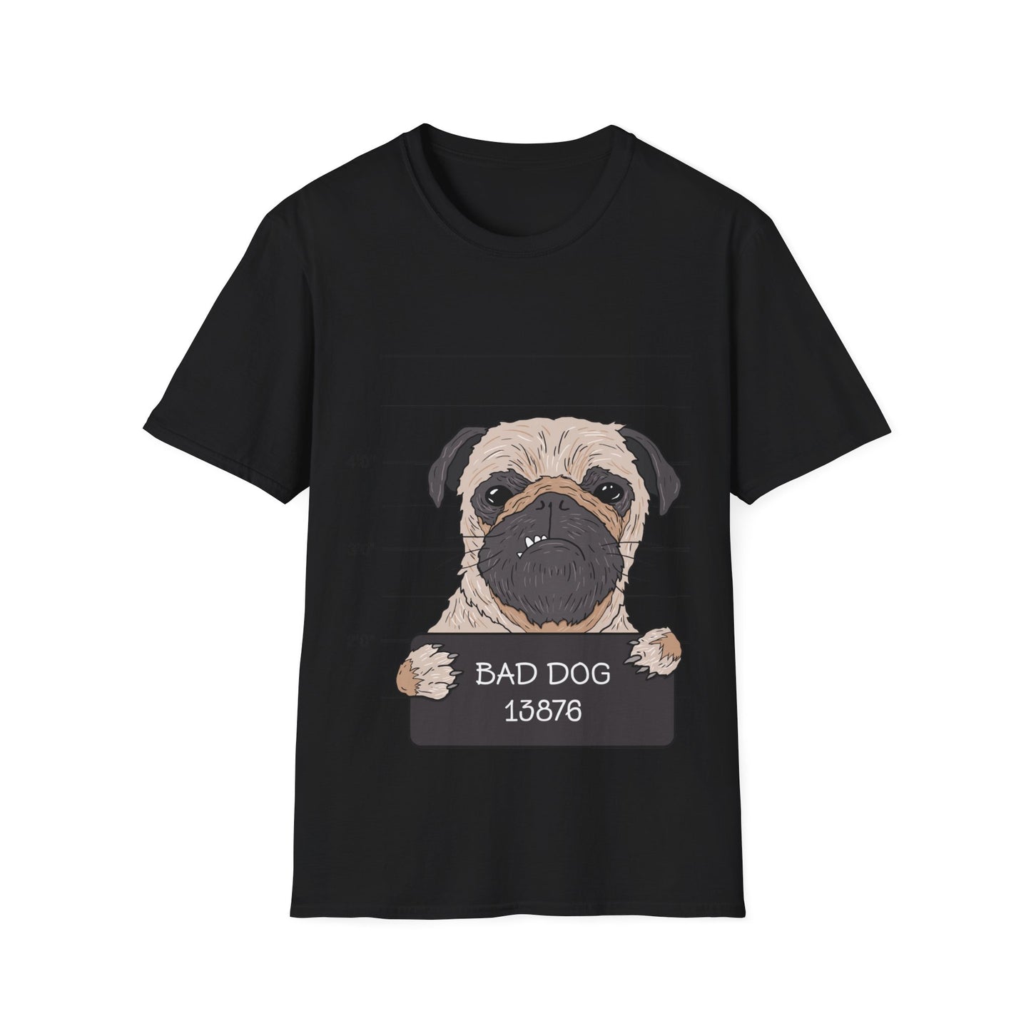 Pug mugshot t-shirt, funny dog shirt, bad dog design, novelty pet lover tee, humorous pug shirt, cute dog graphic tee, police lineup shirt