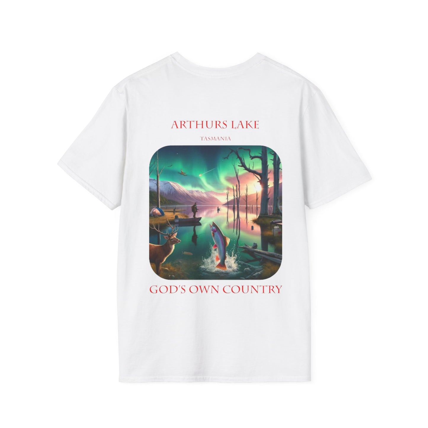 Explore the Wonders of the Central Plateau - Arthurs Lake - Unisex Softstyle T-Shirt - Printed on Back