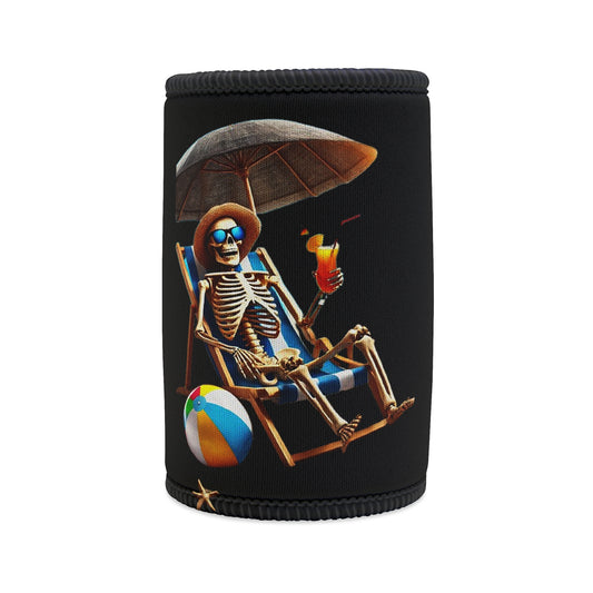 Stubby Holder Skeleton beach can cooler, insulated cooler, humorous design, trendy accessory, black can cooler, relaxing skeleton