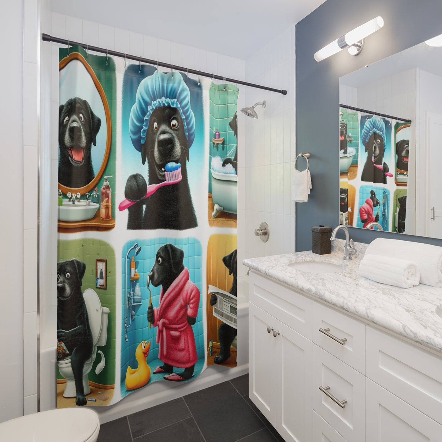 Playful Black Labrador Bathroom Collage Shower Curtain - Shower Curtains