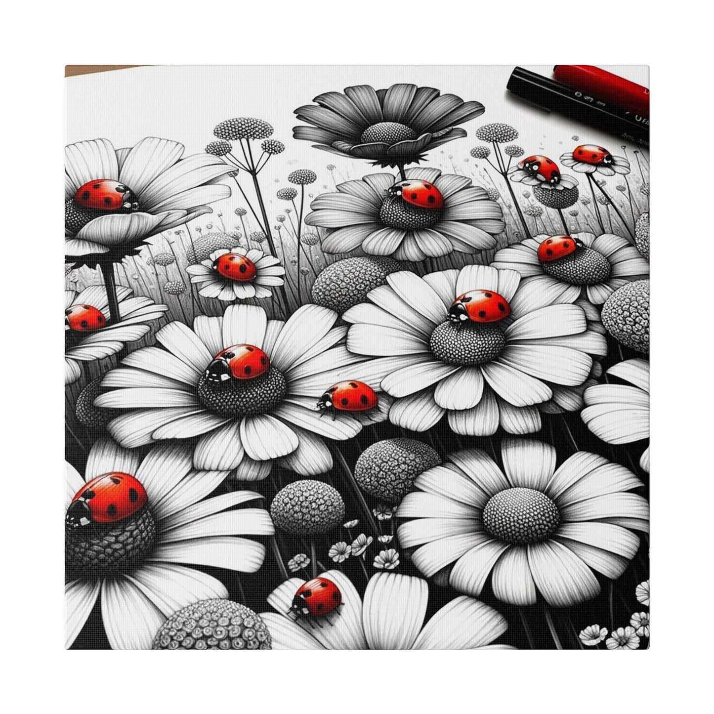 Ladybug Symphony: A Dance Among Daisies - Matte Canvas, Stretched, 0.75"