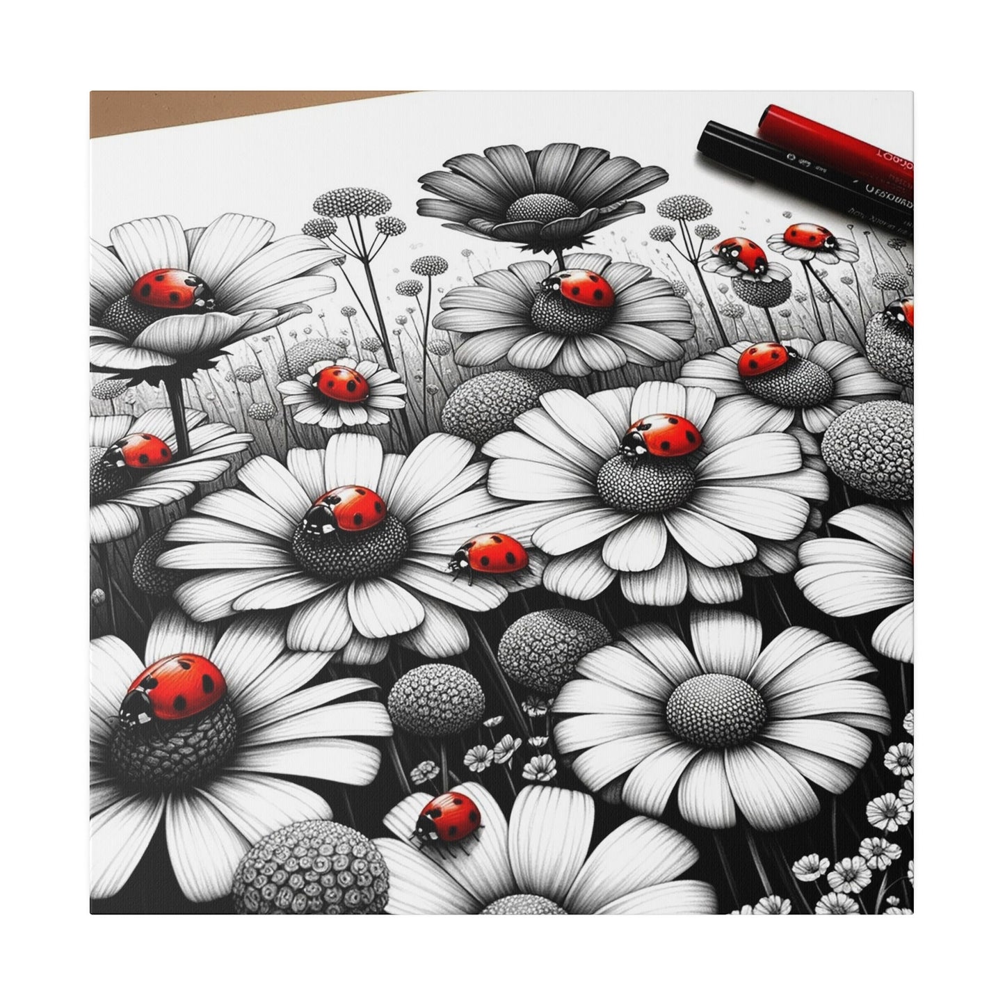 Ladybug Symphony: A Dance Among Daisies - Matte Canvas, Stretched, 0.75"