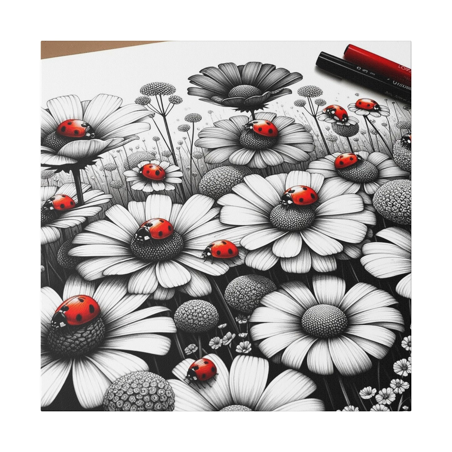 Ladybug Symphony: A Dance Among Daisies - Matte Canvas, Stretched, 0.75"