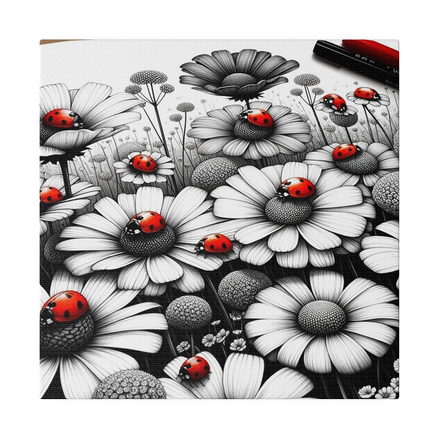 Ladybug Symphony: A Dance Among Daisies - Matte Canvas, Stretched, 0.75"